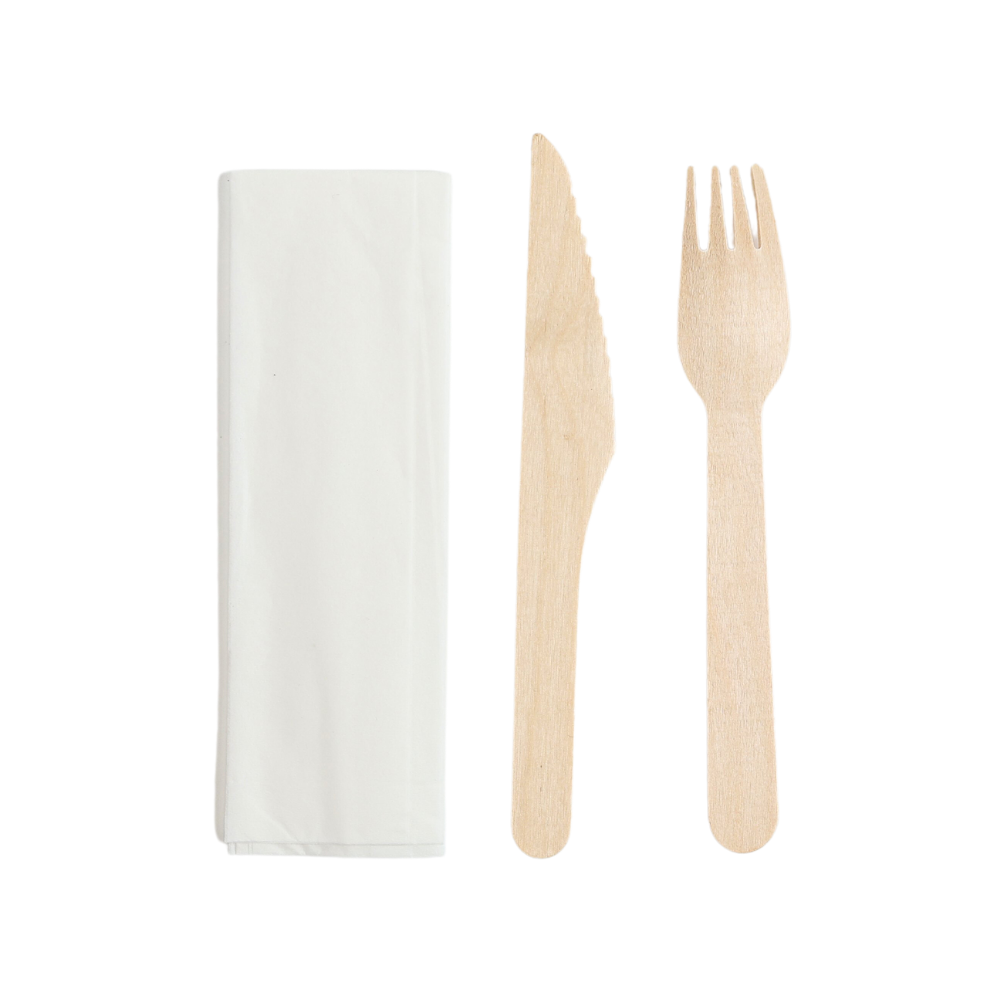 Set de Couverts en Bois 3 Pièces : Couteau, Fourchette , Serviette - Lot de 250