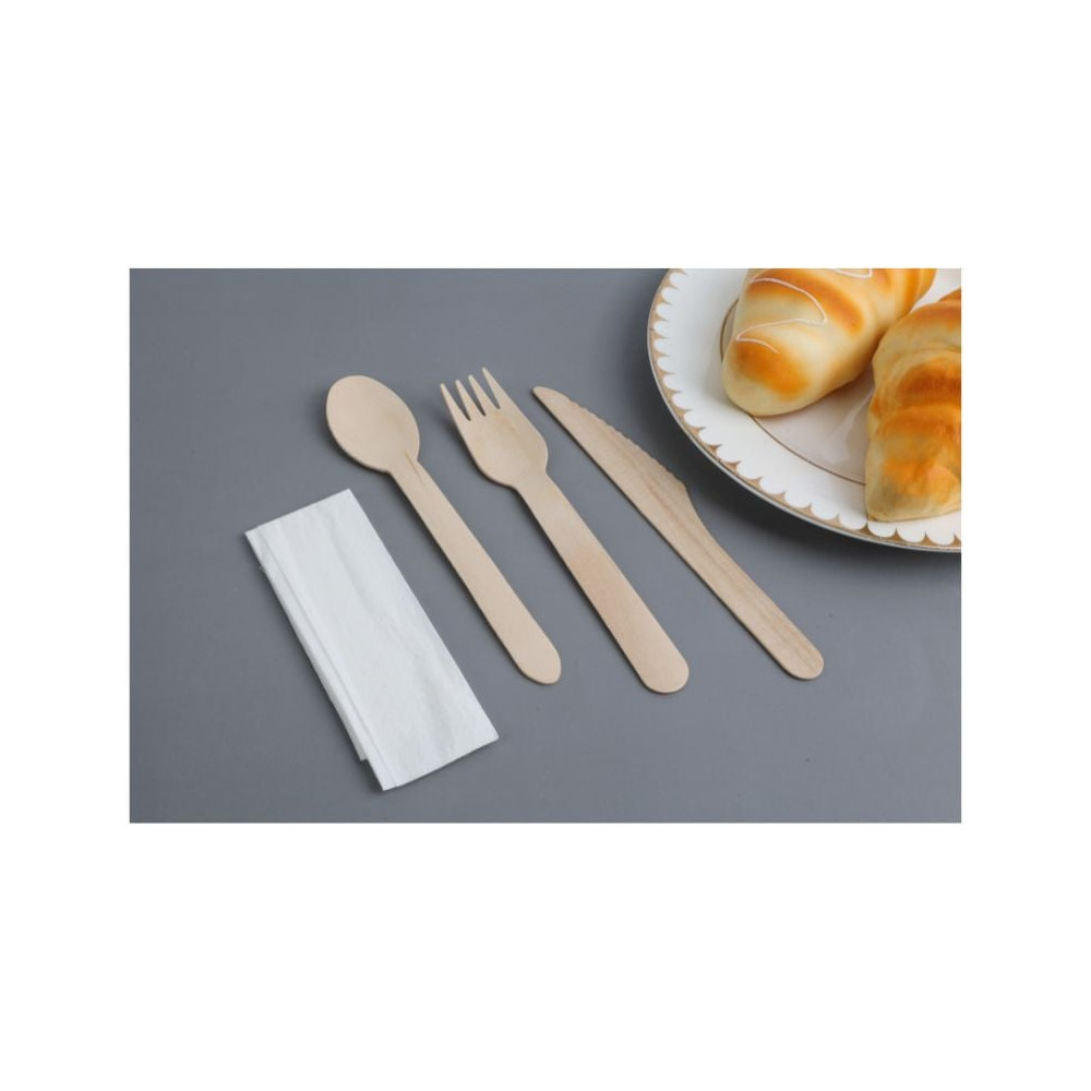 250 Kits Couverts Jetables Bois 4-en-1 + Serviette – Fourchette, Couteau, Cuillère, Serviette – Éco & Biodégradable, Pique-Nique & Événement