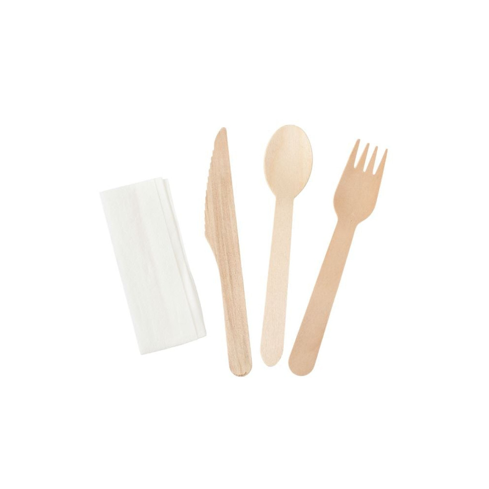Kit de 4 Pièces - Couverts en Bois : Couteau, Fourchette, Grande Cuillère, Serviette - Lot de 500