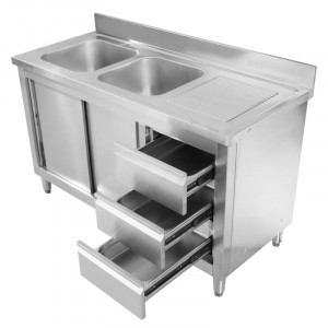 Meuble Plonge 2 Bacs avec Dosseret et 3 Tiroirs - 1400 x 600 mm - Bac à Gauche
