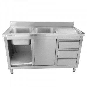 Meuble Plonge 2 Bacs avec Dosseret et 3 Tiroirs - 1400 x 600 mm - Bac à Gauche