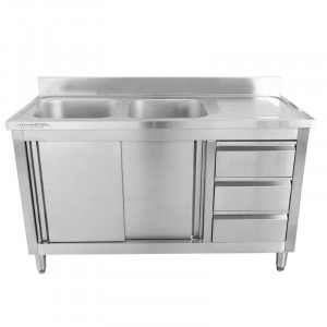 Meuble Plonge 2 Bacs avec Dosseret et 3 Tiroirs - 1400 x 600 mm - Bac à Gauche