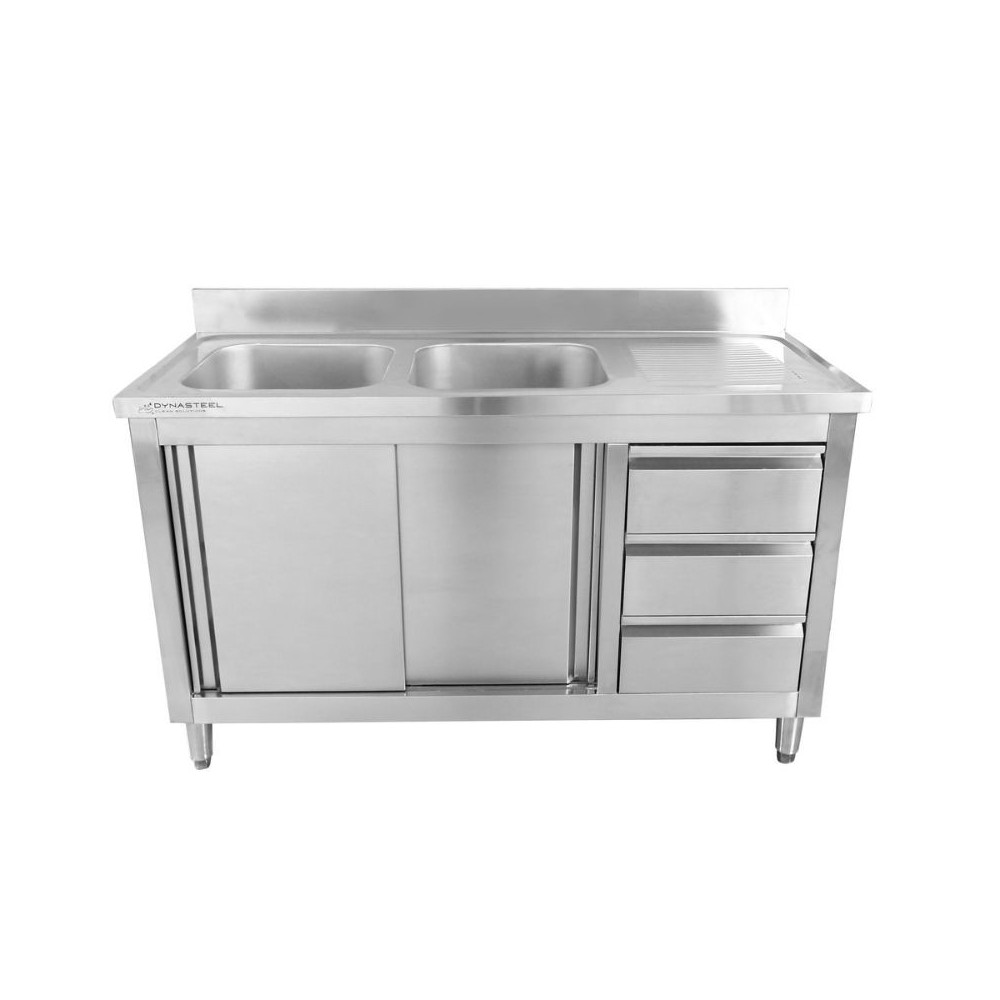 Meuble Plonge 2 Bacs avec Dosseret et 3 Tiroirs - 1400 x 600 mm - Bac à Gauche