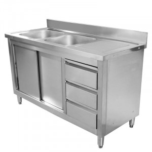 Meuble Plonge 2 Bacs avec Dosseret et 3 Tiroirs - 1400 x 600 mm - Bac à Gauche